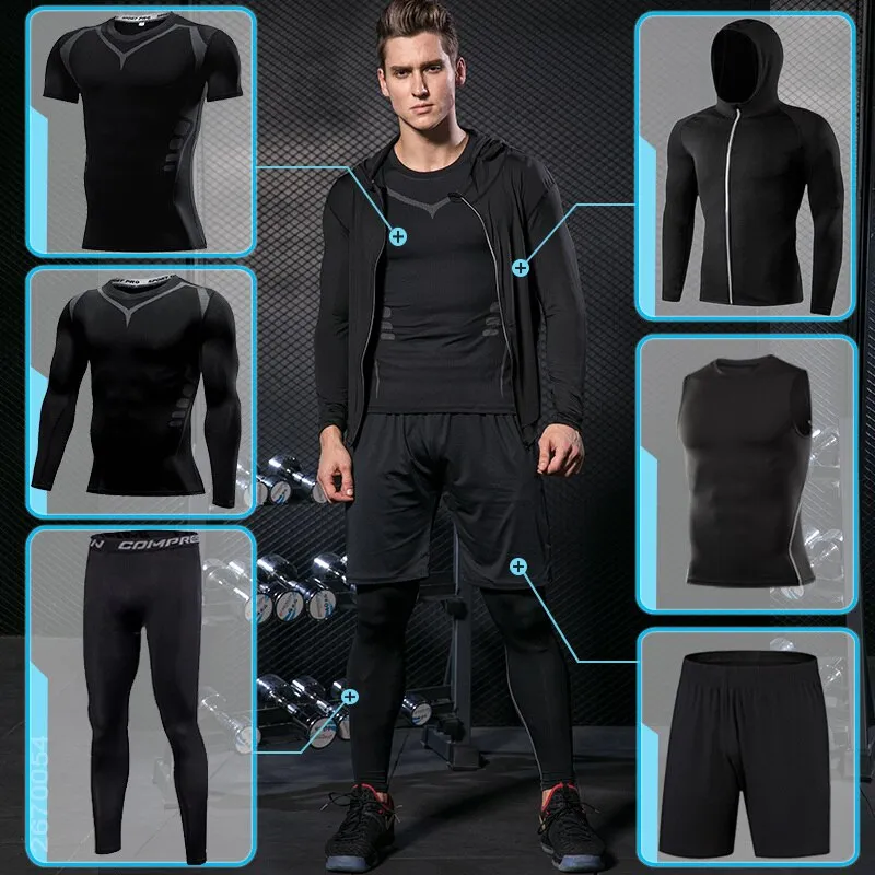 Men's Compression Sportswear Suit Running Set for Male Jogging Workout Sport Clothes Sexy Tight Fitness Training Tracksuit Black