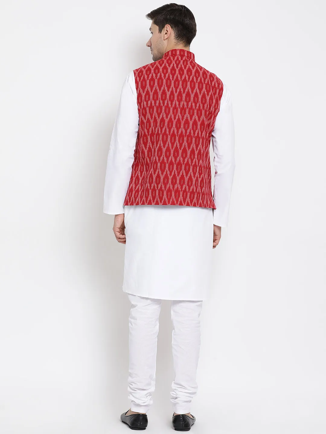 Men's White Cotton Kurta, Maroon Ethnic Jacket and Pyjama Set