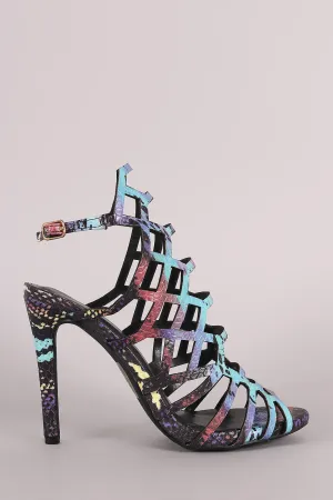 Multicolor Python Caged Peep Toe Stiletto Heel