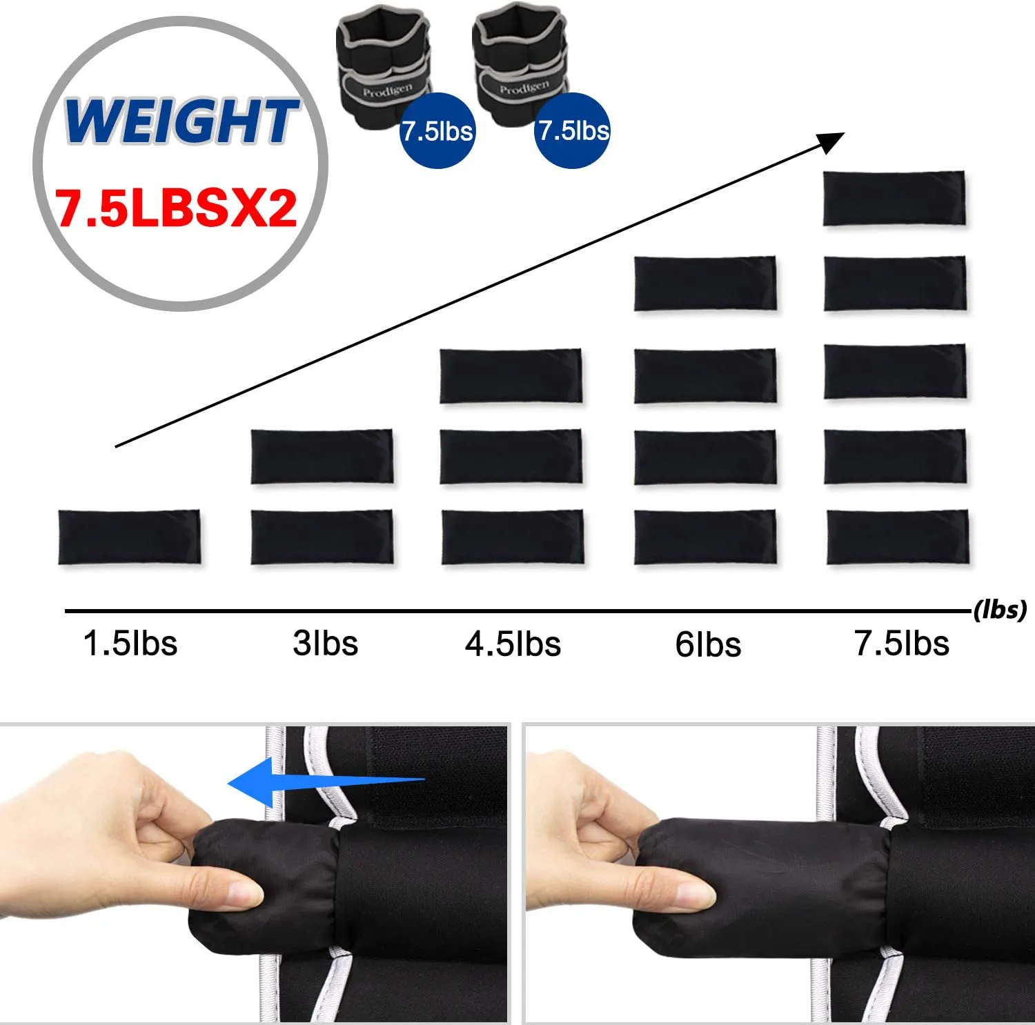 Prodigen 1 Pair 1 2 3.5 4 5 7 7.5 10 15 Lbs Adjustable Ankle Weights Set for Men Women Kids Ankle Wrist Weight for Walking, Jogging, Gymnastics