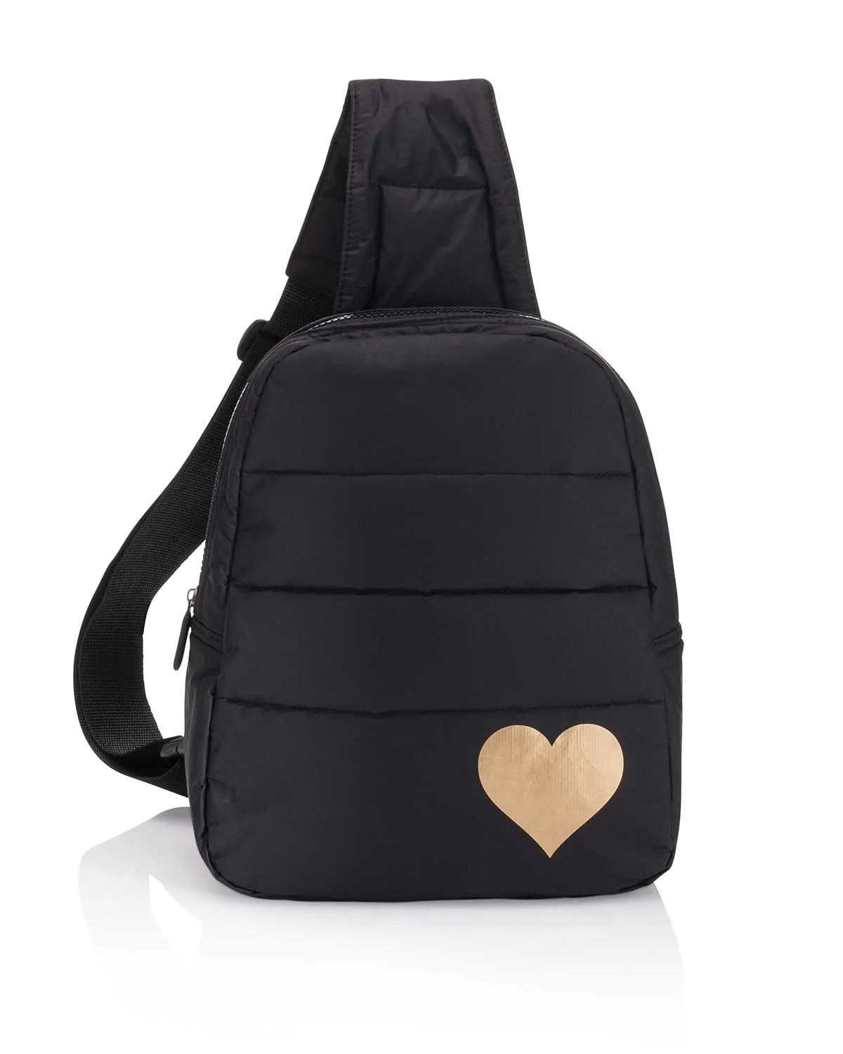 Puffer Crossbody Backpack in Black with Gold Heart