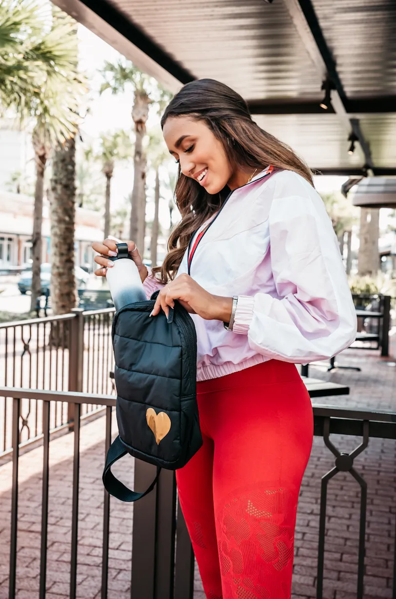 Puffer Crossbody Backpack in Black with Gold Heart