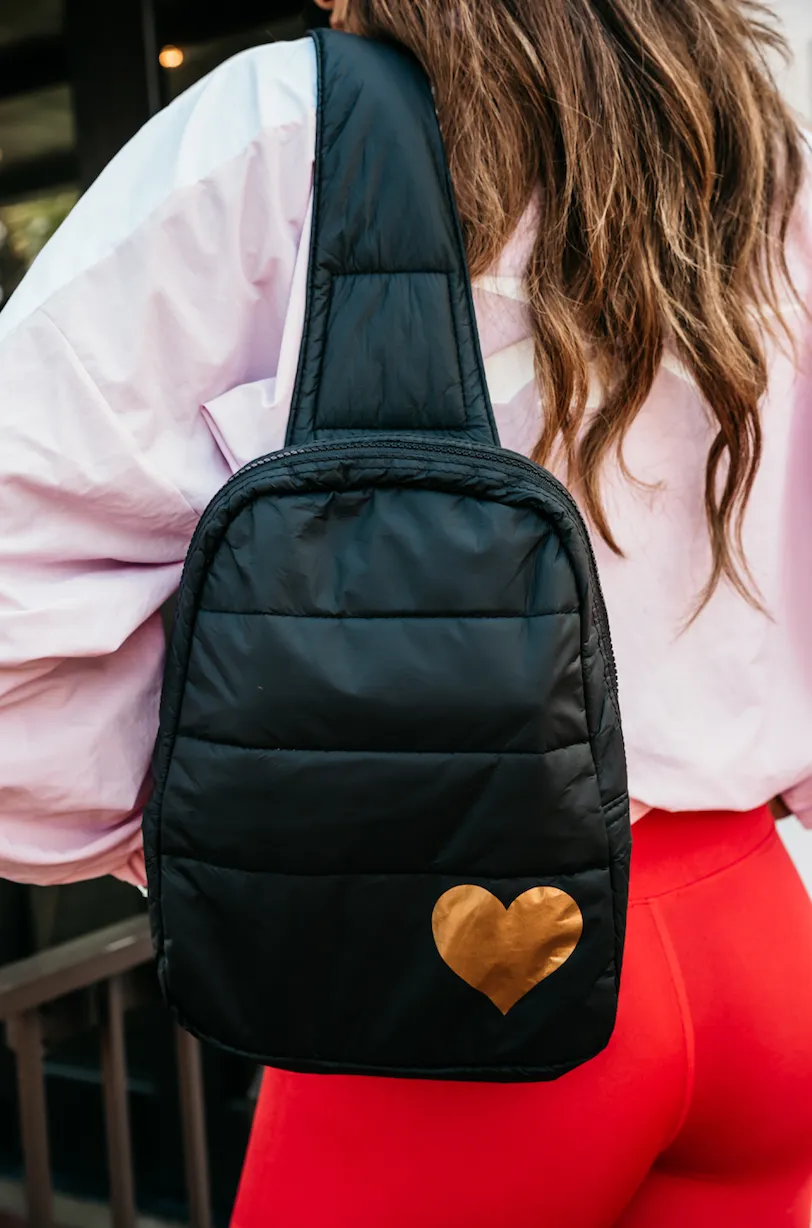 Puffer Crossbody Backpack in Black with Gold Heart