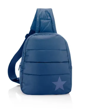 Puffer Crossbody Backpack in Shimmer Navy Blue with Tone on Tone Star