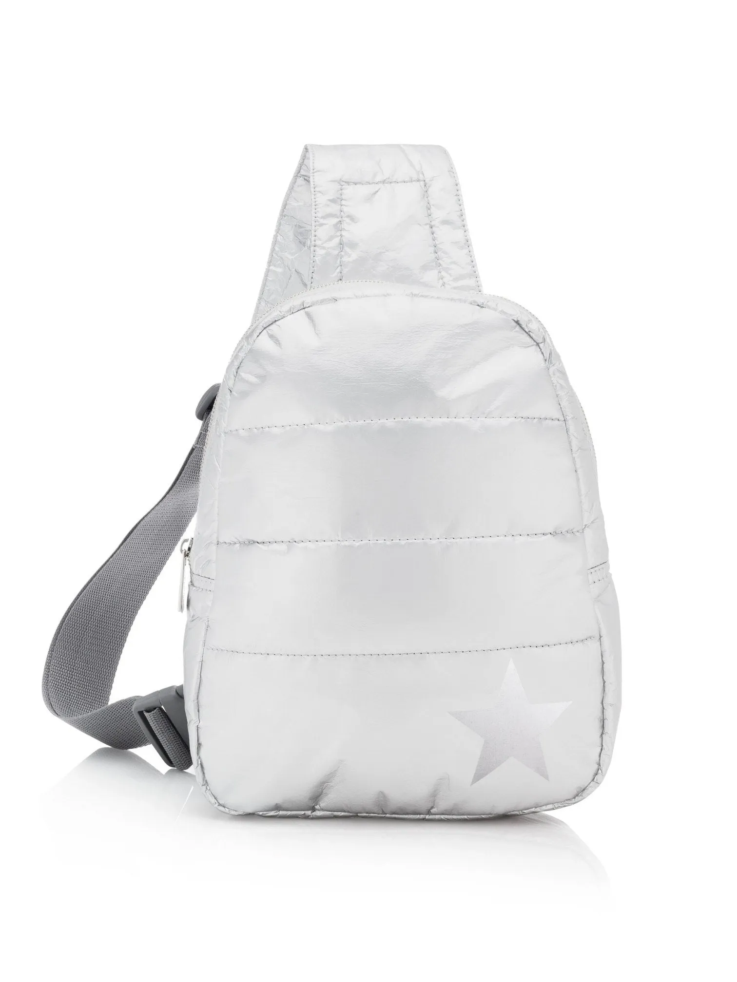 Puffer Crossbody Backpack in Shimmer White with Silver Star