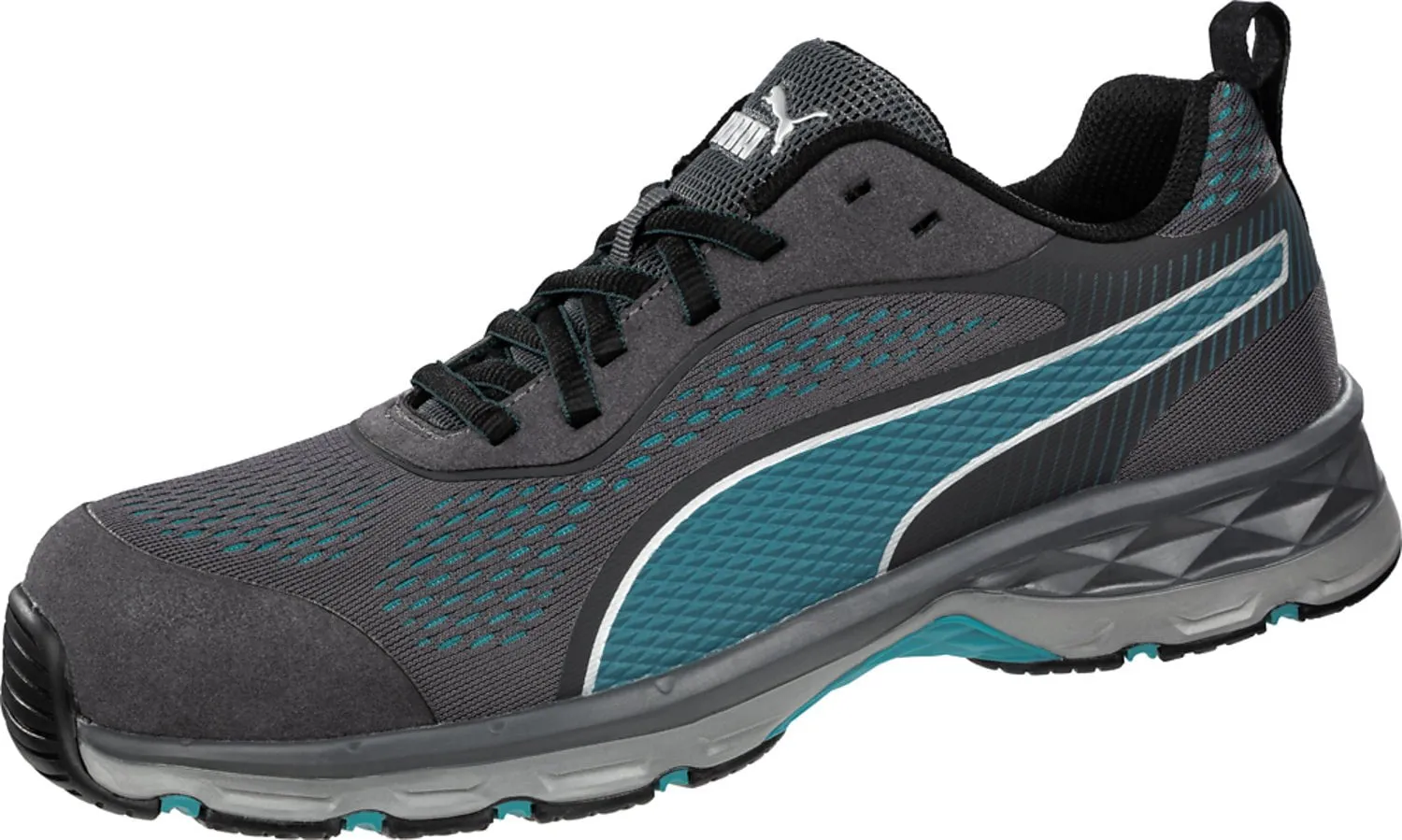 Puma Safety Grey/Aqua Womens Leather Fuse Knit 2.0 CT Oxford Work Shoes