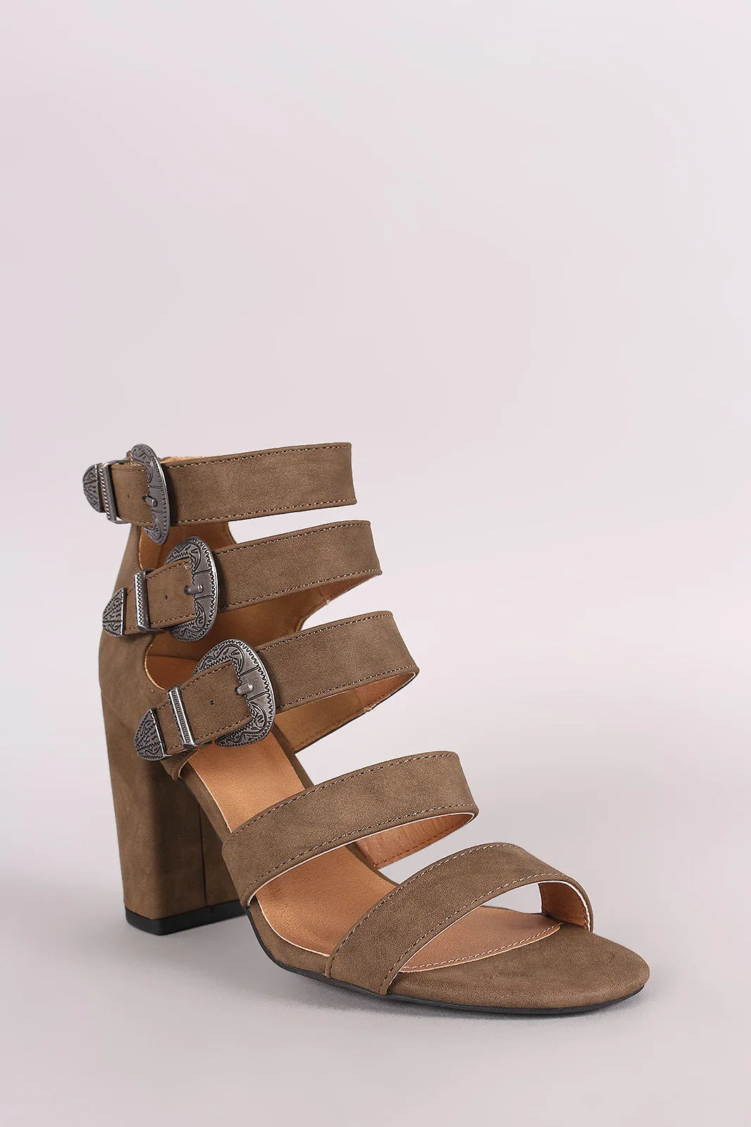 Qupid Etched Buckle Straps Chunky Heel