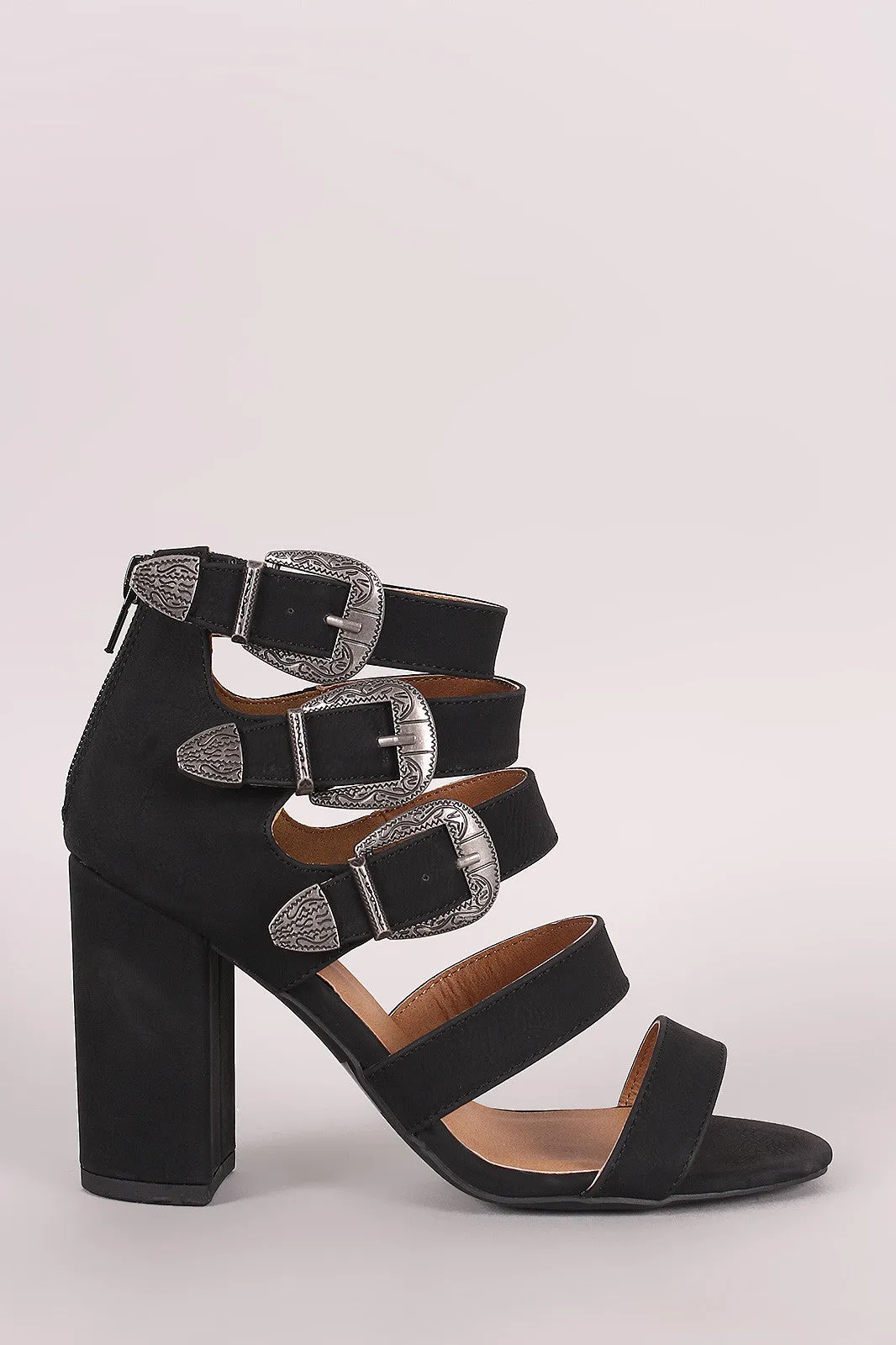 Qupid Etched Buckle Straps Chunky Heel