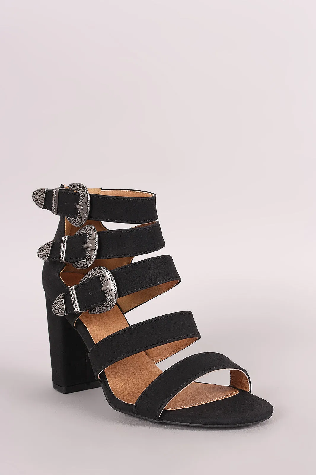 Qupid Etched Buckle Straps Chunky Heel