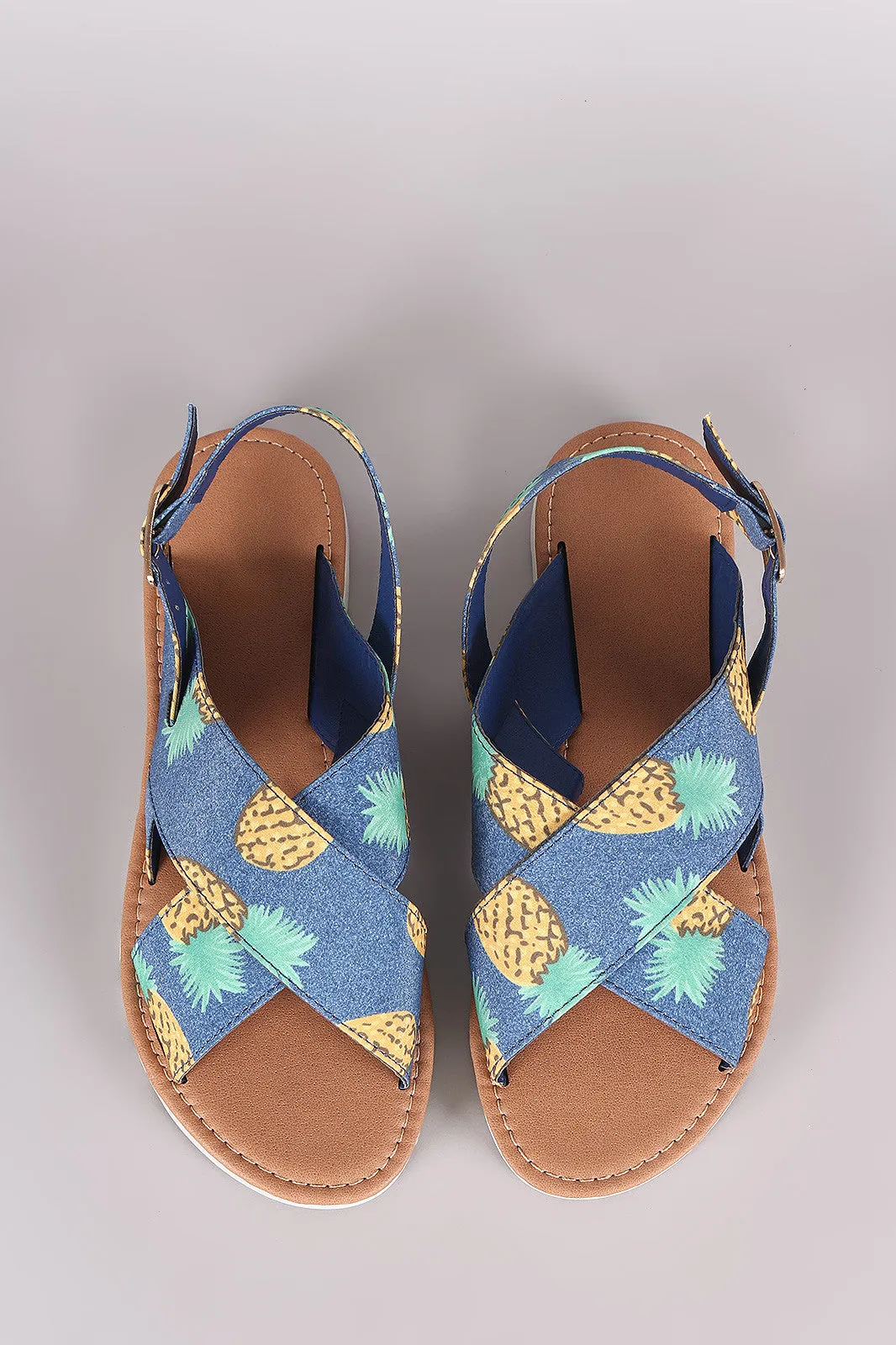 Qupid Pineapple Print Cross Band Slingback Flat Sandal