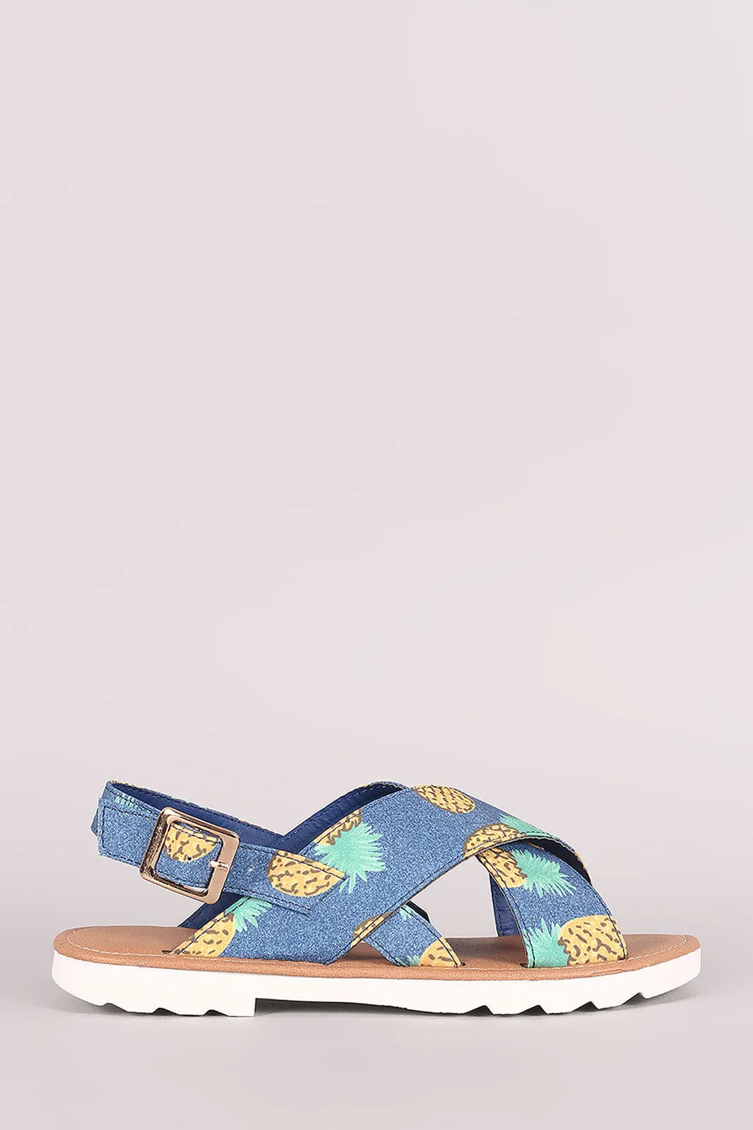 Qupid Pineapple Print Cross Band Slingback Flat Sandal