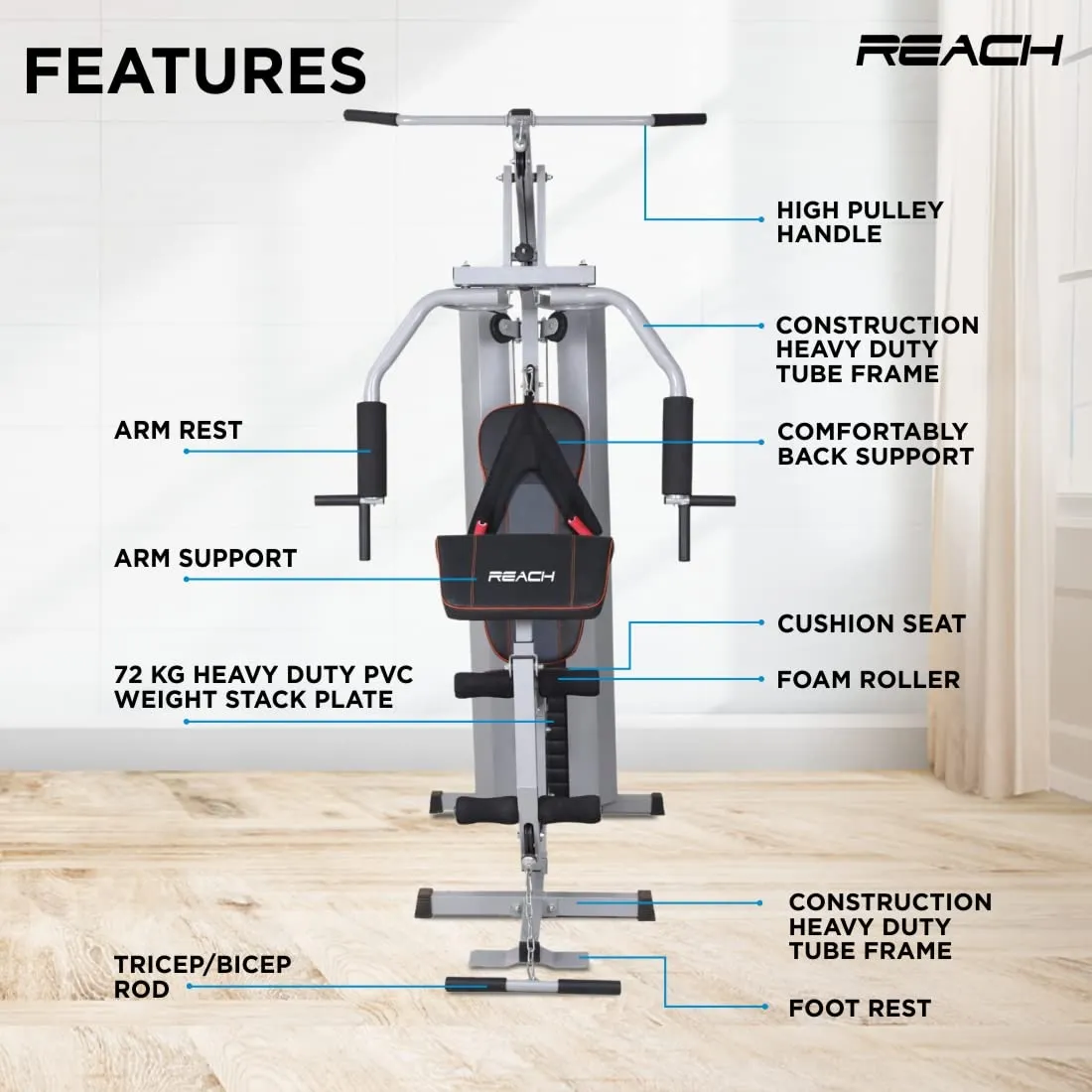 Reach Multifunction Home Gym Station Weight Training Exercise Workout Equipment Fitness Strength Machine for Total Body Training | Perfect 12 in 1 Multi Gym Station