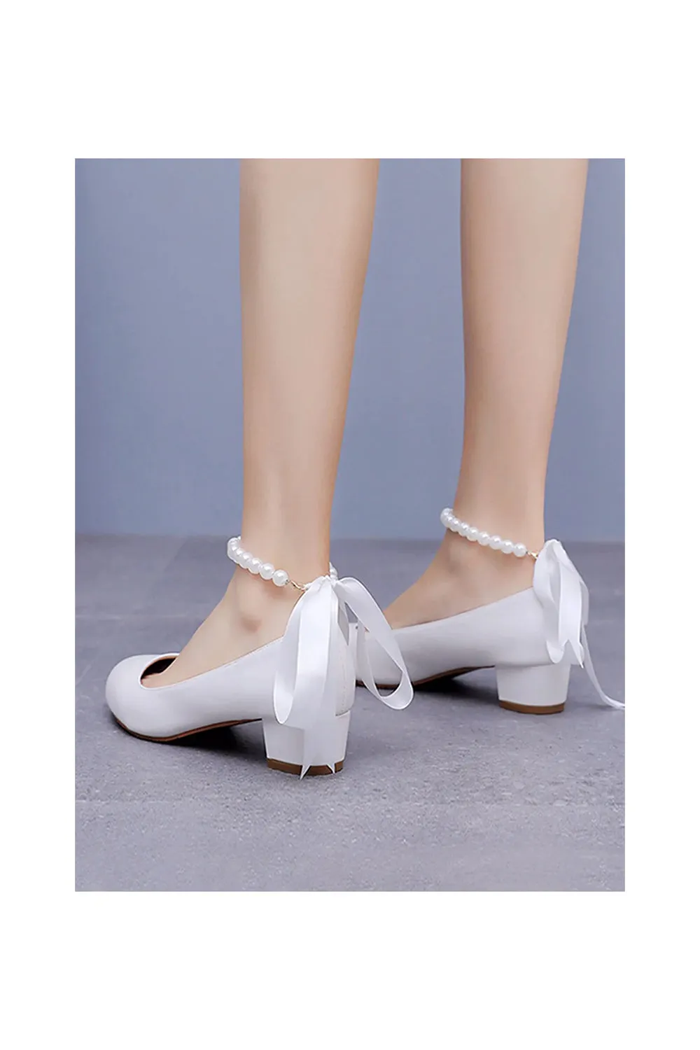 Round Toe Low Chunky Heels Beaded Wedding Shoes