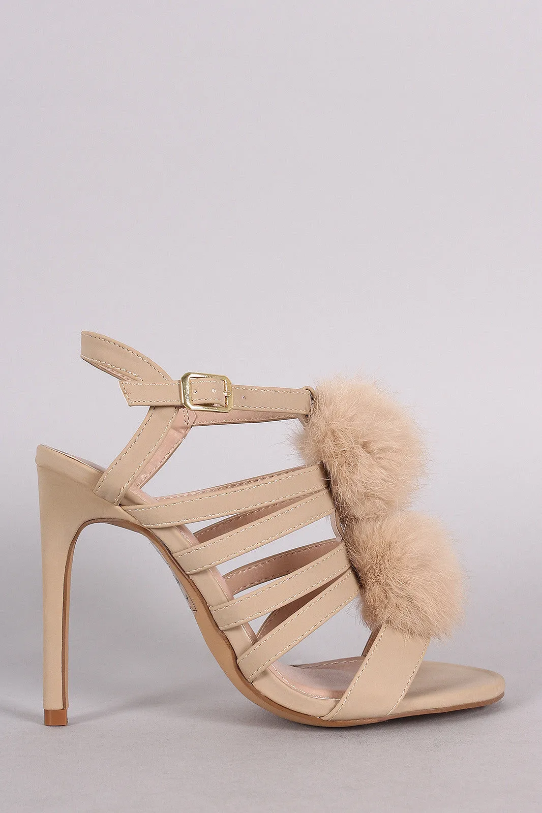 Shoe Republic LA Nubuck Strappy Pom Pom Stiletto Heel