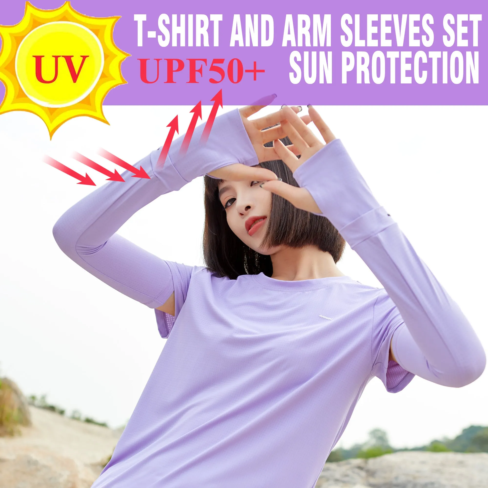 Sidiou Group Anniou UPF50  Tshirt and Arm Sleeves Set Women Short Sleeve Anti UV Quick Dry Sport T-Shirt for Running Workout Yoga Fitness Training