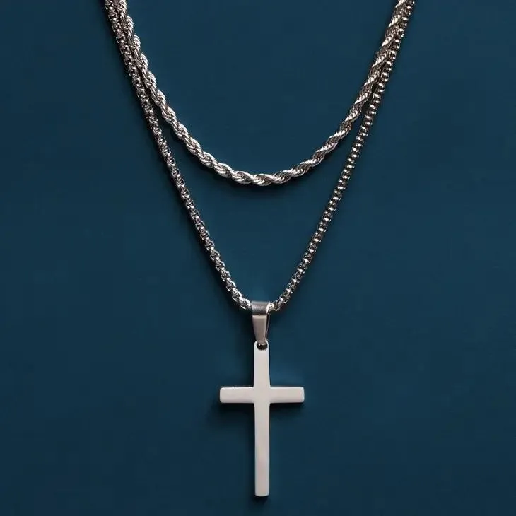 Silver Rope Chain and Large Silver Cross - 24in / 26in