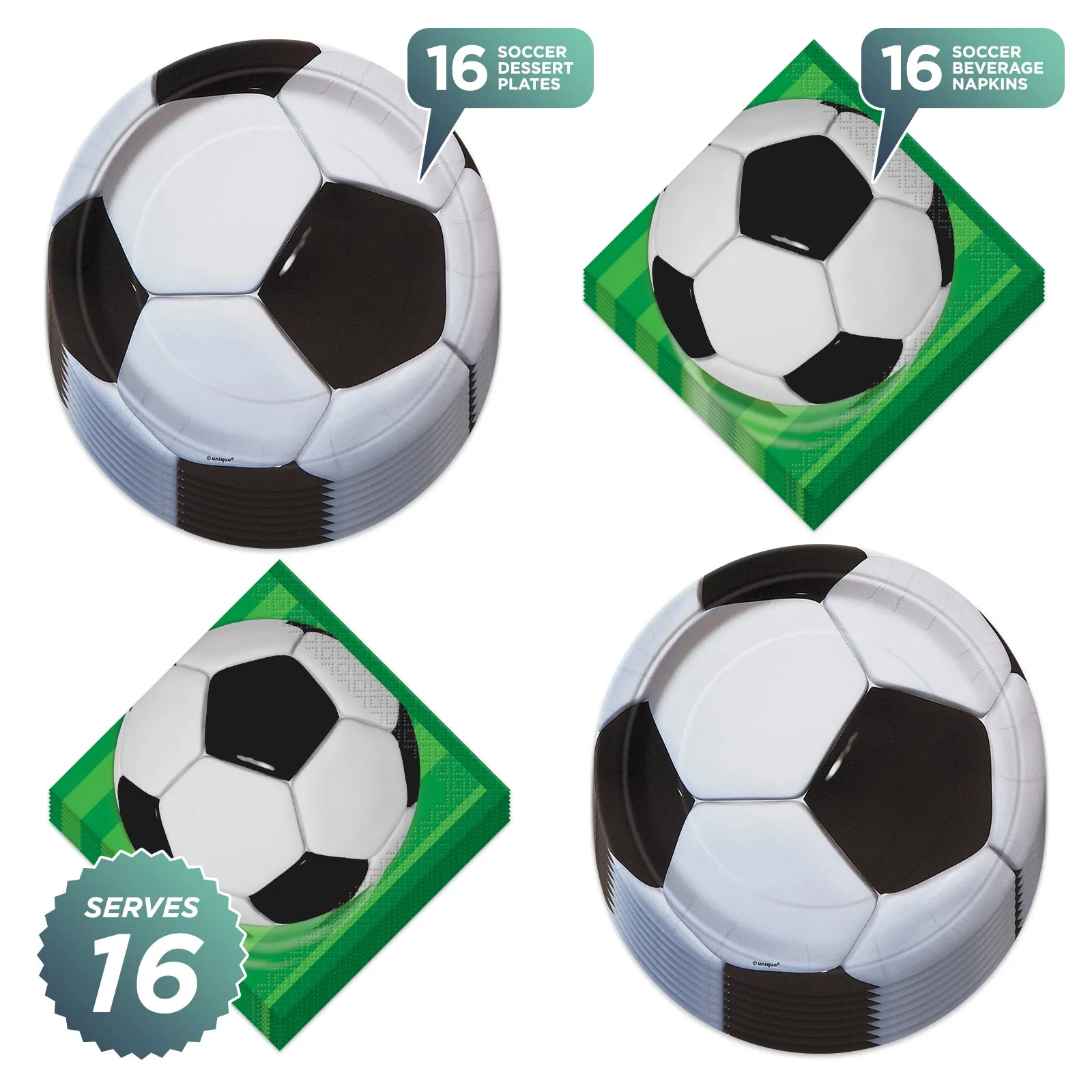 Soccer Party Supplies 3D Soccer Ball Paper Dessert Plates and Beverage Napkins (Serves 16)