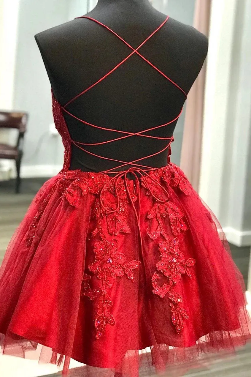 Spaghetti Strap Red Lace Homecoming Dress, Sleeveless Short Prom Dress UQH0081