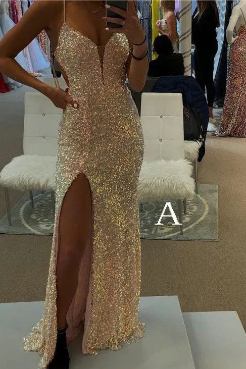 Spaghetti Straps Mermaid Prom Dress, Sparkly Sequins Slit Long Formal Gown UQP0137