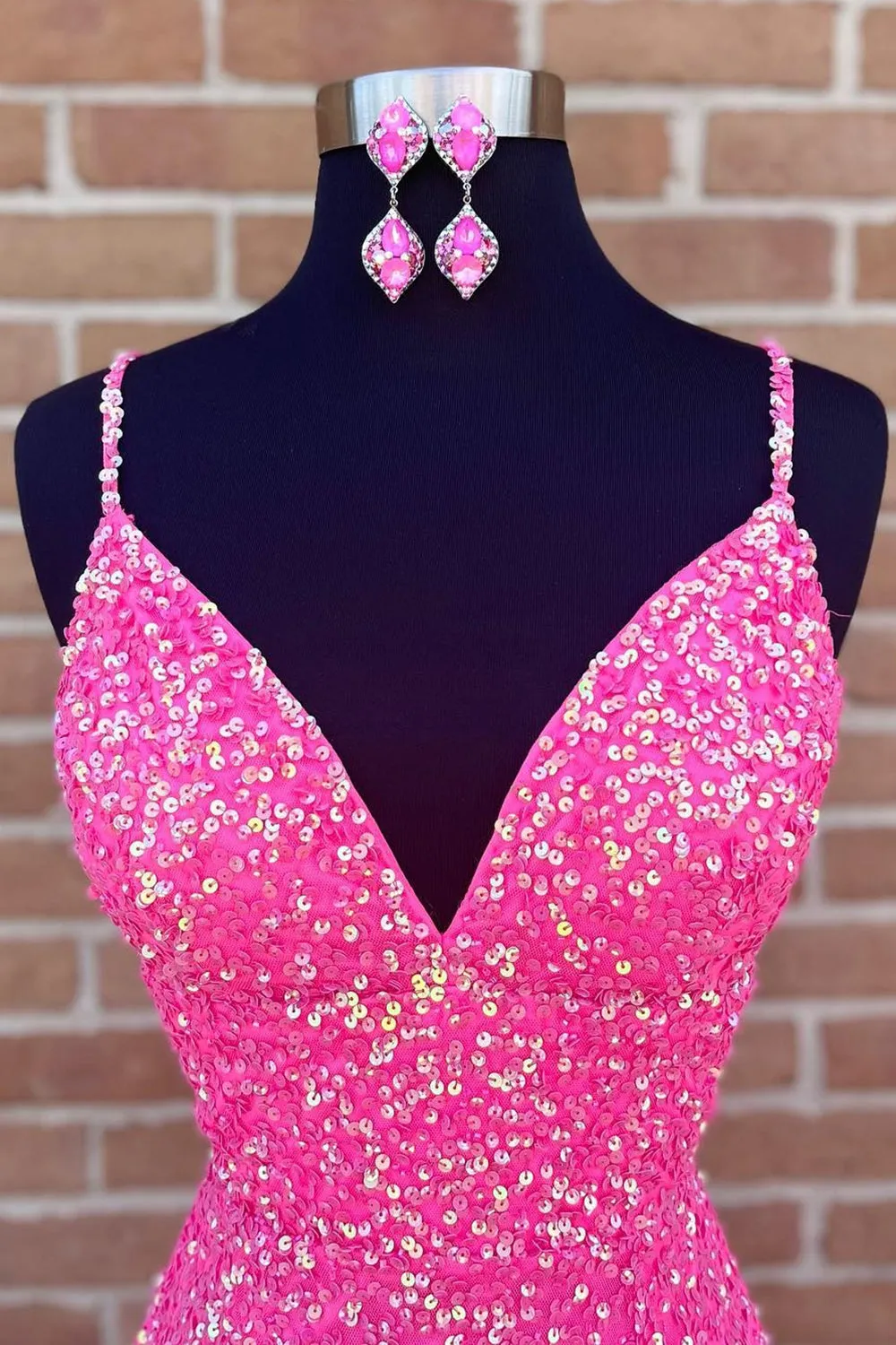 Spaghetti Straps Pink Sequins Short Homecoming Dress with Criss Cross Back