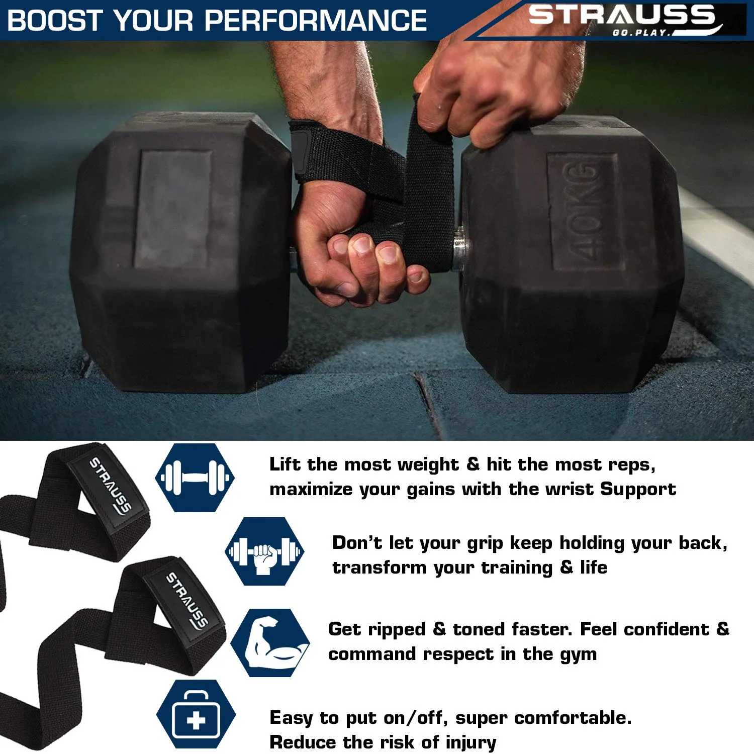 Strauss PT Cotton Gym Support, Pair (Black) and Adjustable Weight Lifting Strap with Palm Protecting Grip, (Black)