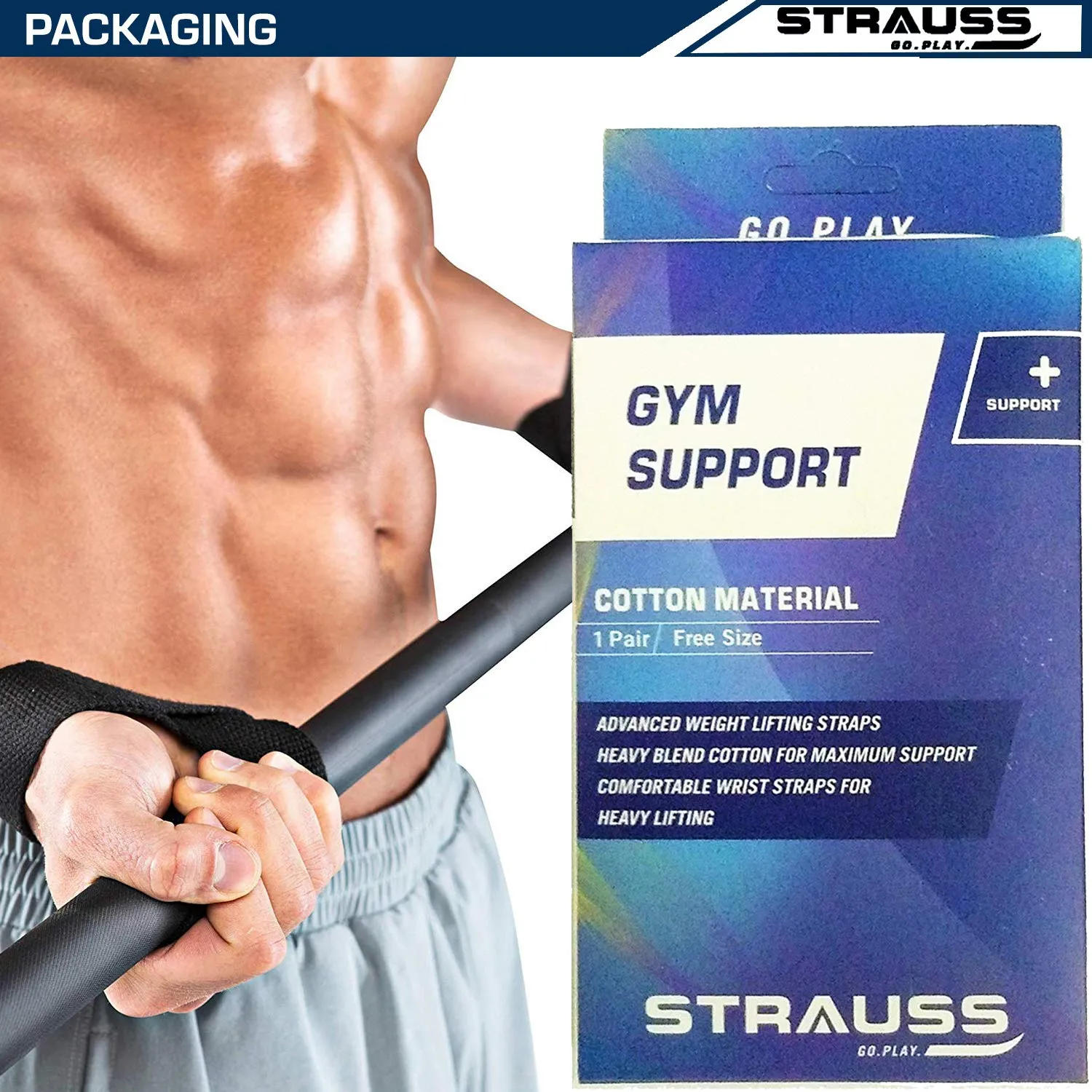 Strauss PT Cotton Gym Support, Pair (Black) and Adjustable Weight Lifting Strap with Palm Protecting Grip, (Black)