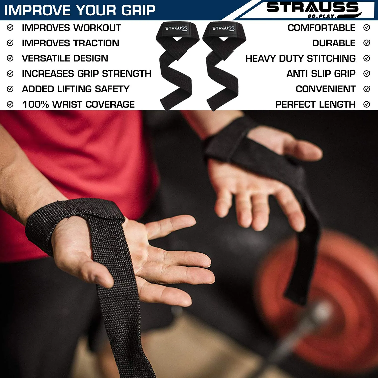 Strauss PT Cotton Gym Support, Pair (Black) and Adjustable Weight Lifting Strap with Palm Protecting Grip, (Black)