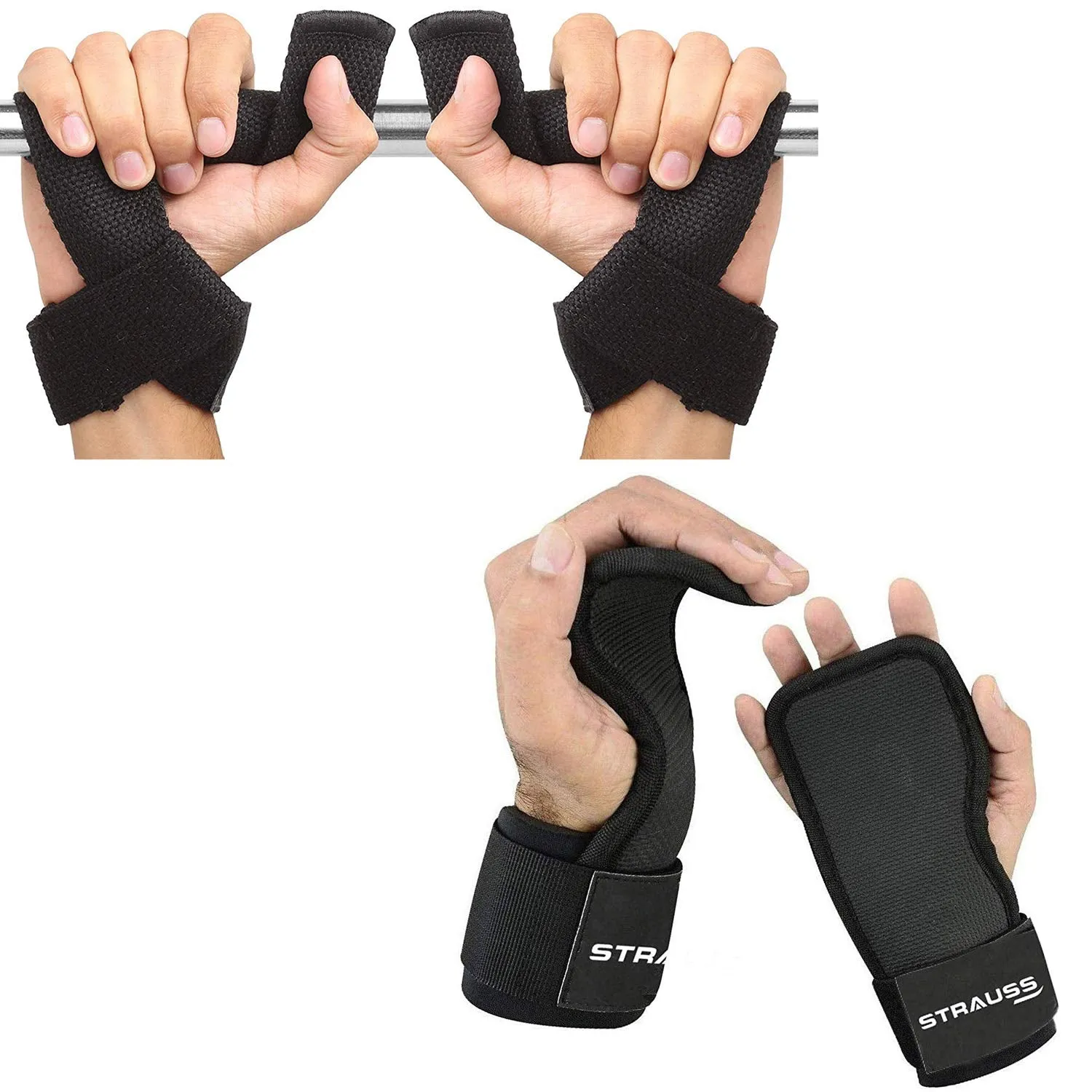 Strauss PT Cotton Gym Support, Pair (Black) and Adjustable Weight Lifting Strap with Palm Protecting Grip, (Black)