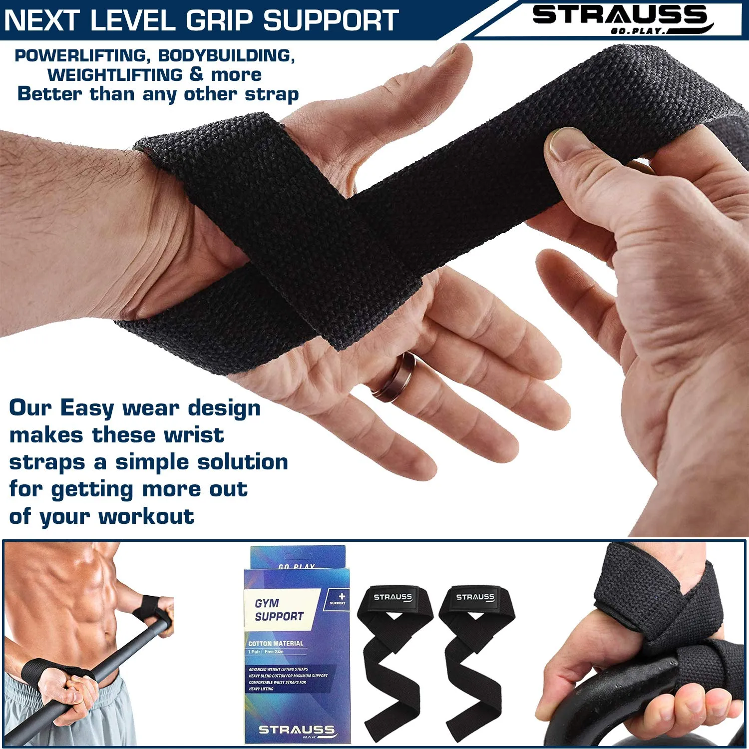 Strauss PT Cotton Gym Support, Pair (Black) and Adjustable Weight Lifting Strap with Palm Protecting Grip, (Black)