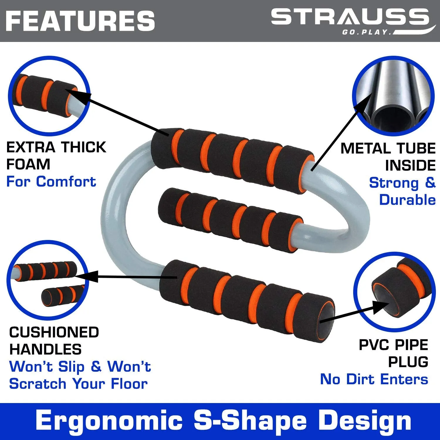 Strauss ST Cotton Gym Support, Pair (Black), S Shape Push Up Bar, Pair (Black/Orange)