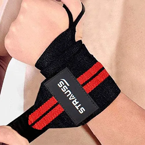 STRAUSS WL Cotton Wrist Supporter with Thumb Loop Straps & Closures for Gym, Workouts & Strength Training| Adjustable & Breathable Material with Powerful Velcro & Soft Material, (Black/red)