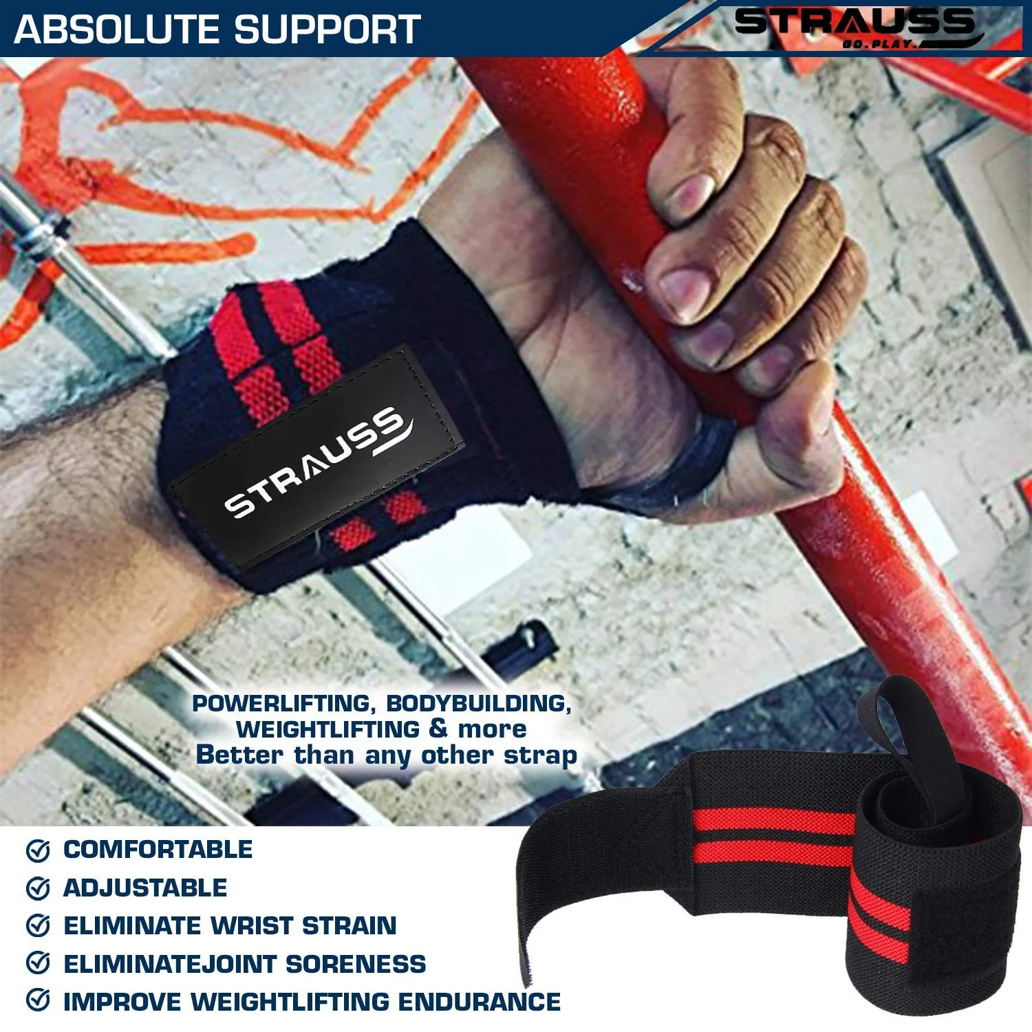 STRAUSS WL Cotton Wrist Supporter with Thumb Loop Straps & Closures for Gym, Workouts & Strength Training| Adjustable & Breathable Material with Powerful Velcro & Soft Material, (Black/red)