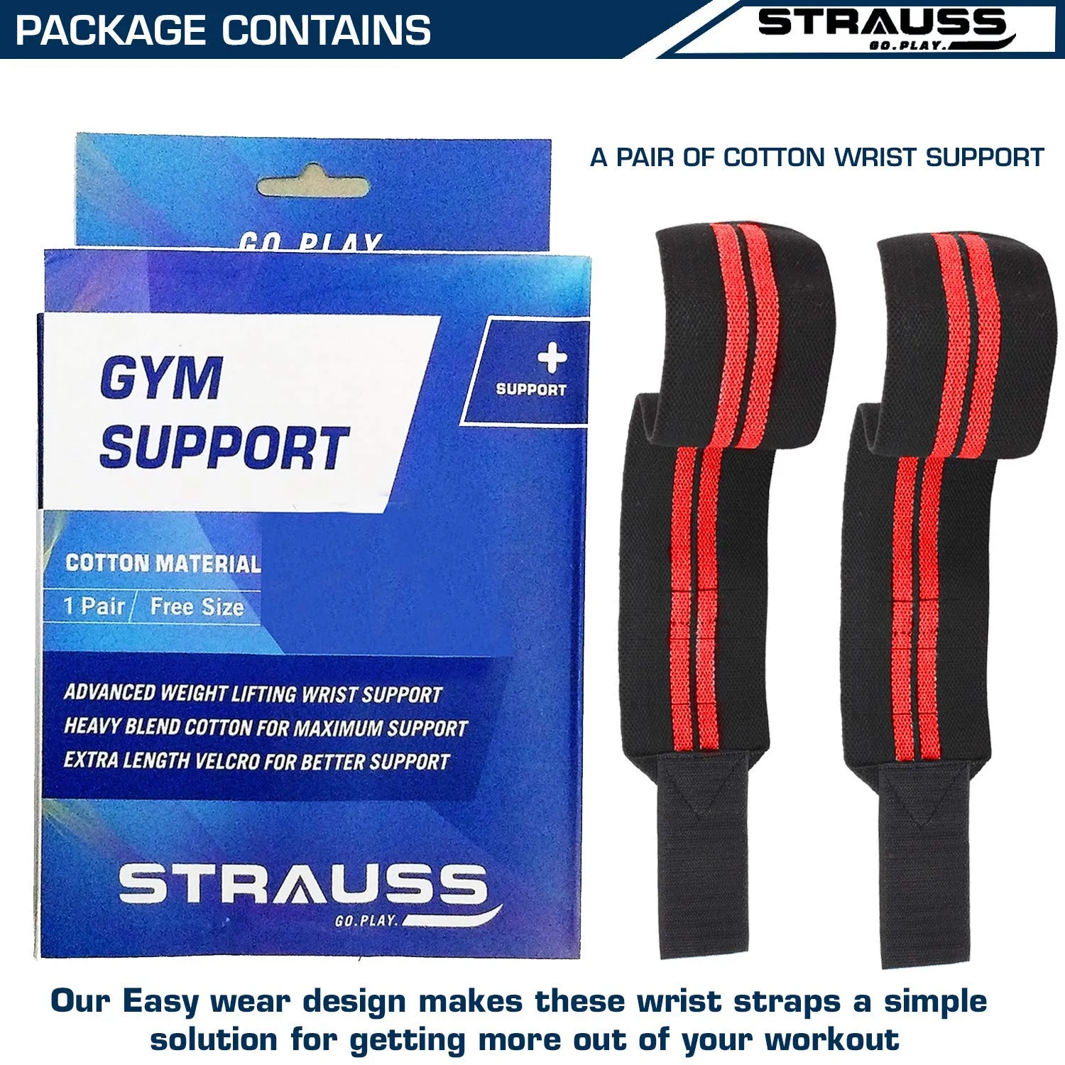 STRAUSS WL Cotton Wrist Supporter with Thumb Loop Straps & Closures for Gym, Workouts & Strength Training| Adjustable & Breathable Material with Powerful Velcro & Soft Material, (Black/red)