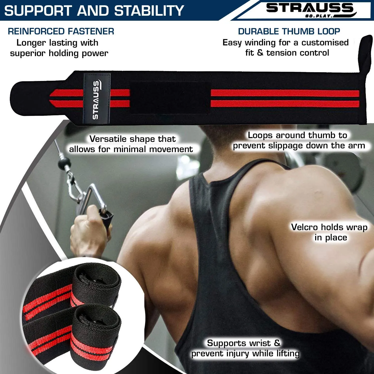 STRAUSS WL Cotton Wrist Supporter with Thumb Loop Straps & Closures for Gym, Workouts & Strength Training| Adjustable & Breathable Material with Powerful Velcro & Soft Material, (Black/red)