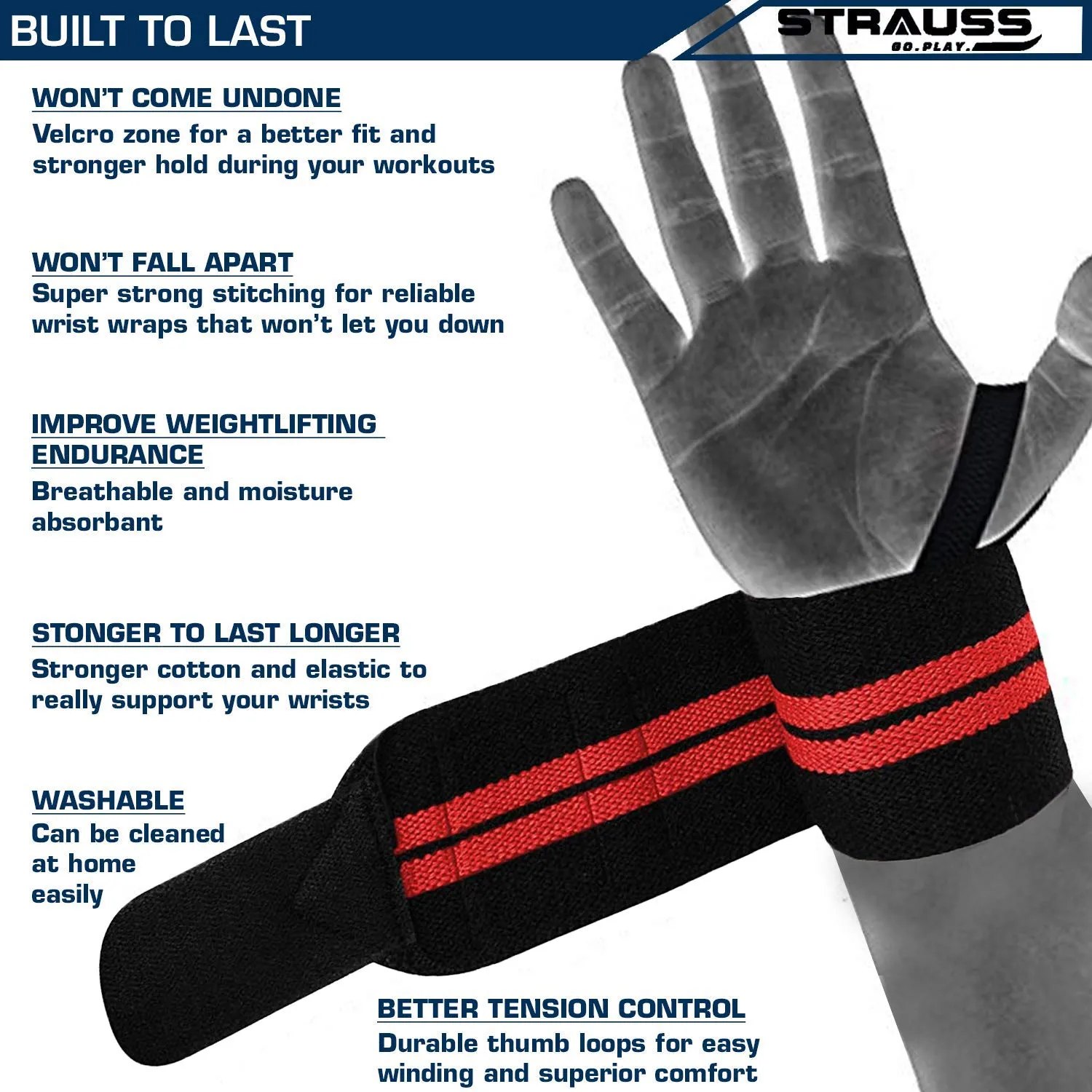 STRAUSS WL Cotton Wrist Supporter with Thumb Loop Straps & Closures for Gym, Workouts & Strength Training| Adjustable & Breathable Material with Powerful Velcro & Soft Material, (Black/red)