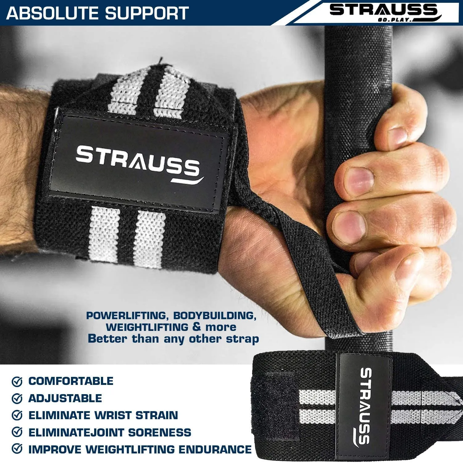 STRAUSS WL Cotton Wrist Supporter with Thumb Loop Straps & Closures for Gym, Workouts & Strength Training| Adjustable & Breathable with Powerful Velcro & Soft Material,(Black/White)