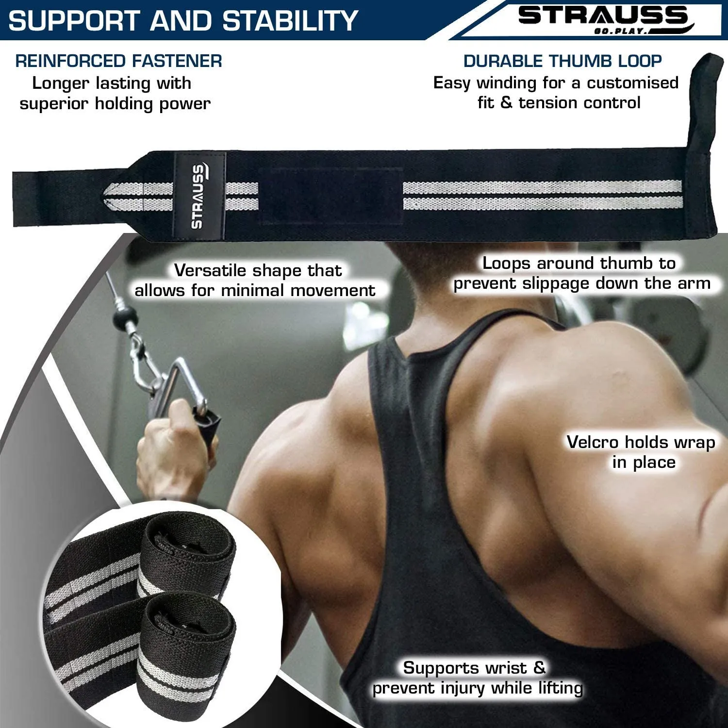 STRAUSS WL Cotton Wrist Supporter with Thumb Loop Straps & Closures for Gym, Workouts & Strength Training| Adjustable & Breathable with Powerful Velcro & Soft Material,(Black/White)