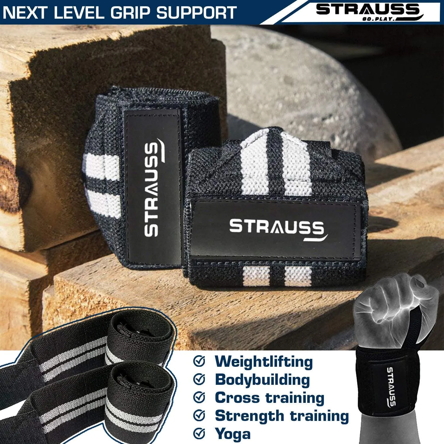 STRAUSS WL Cotton Wrist Supporter with Thumb Loop Straps & Closures for Gym, Workouts & Strength Training| Adjustable & Breathable with Powerful Velcro & Soft Material,(Black/White)