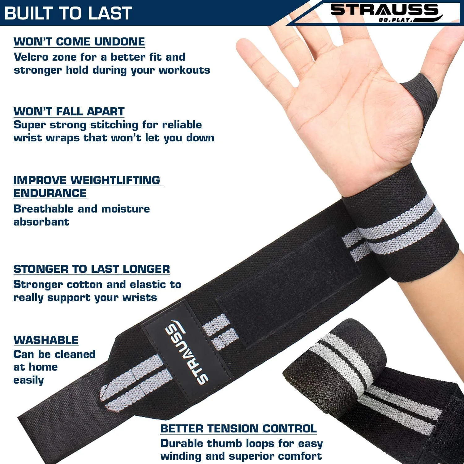 STRAUSS WL Cotton Wrist Supporter with Thumb Loop Straps & Closures for Gym, Workouts & Strength Training| Adjustable & Breathable with Powerful Velcro & Soft Material,(Black/White)