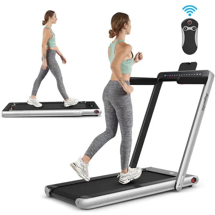 SuperFit 2.25HP 2 in 1 Dual Display Folding Treadmill Jogging Machine Silver