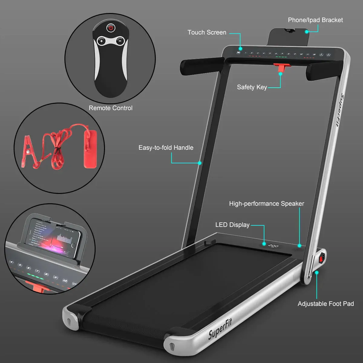 SuperFit 2.25HP 2 in 1 Dual Display Folding Treadmill Jogging Machine Silver