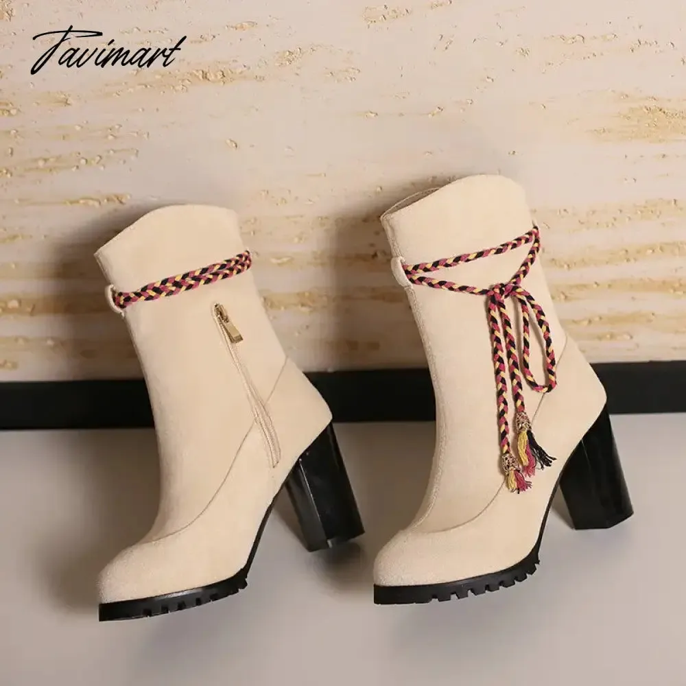 Tavimart Bohemian Texas Women Shoes Block High Heels Winter Ankle Chelsea Boots With Colorful Cross-tied Fringes Plus Size 48 49 50 14