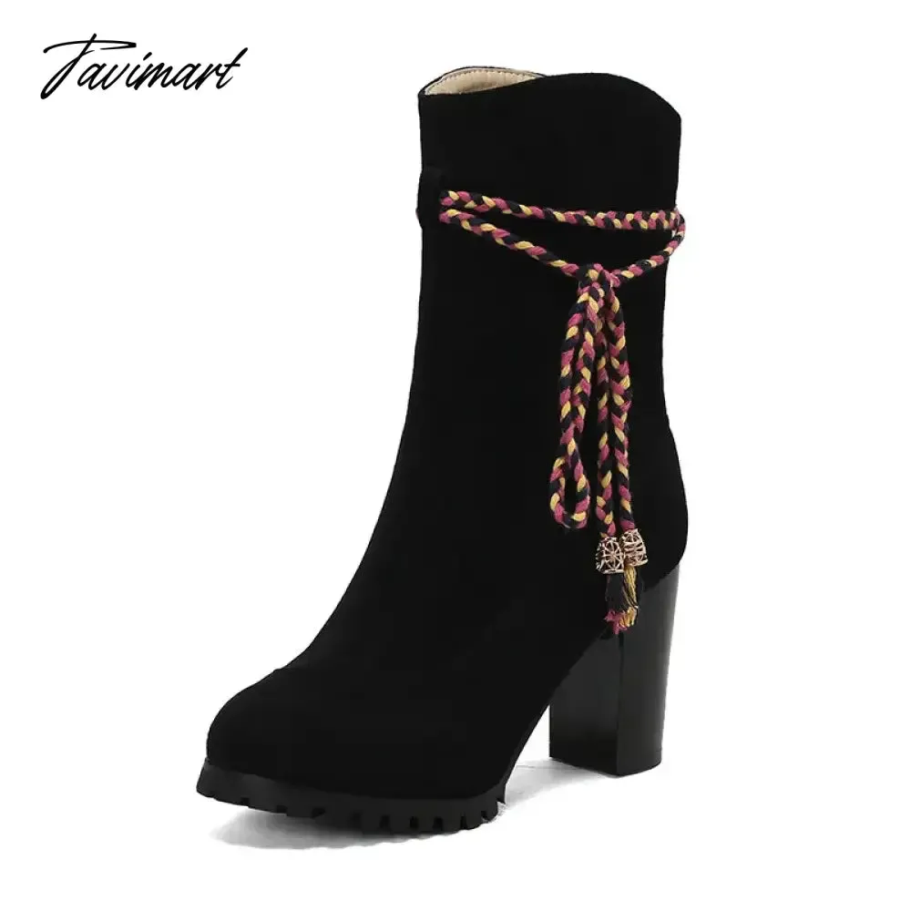 Tavimart Bohemian Texas Women Shoes Block High Heels Winter Ankle Chelsea Boots With Colorful Cross-tied Fringes Plus Size 48 49 50 14