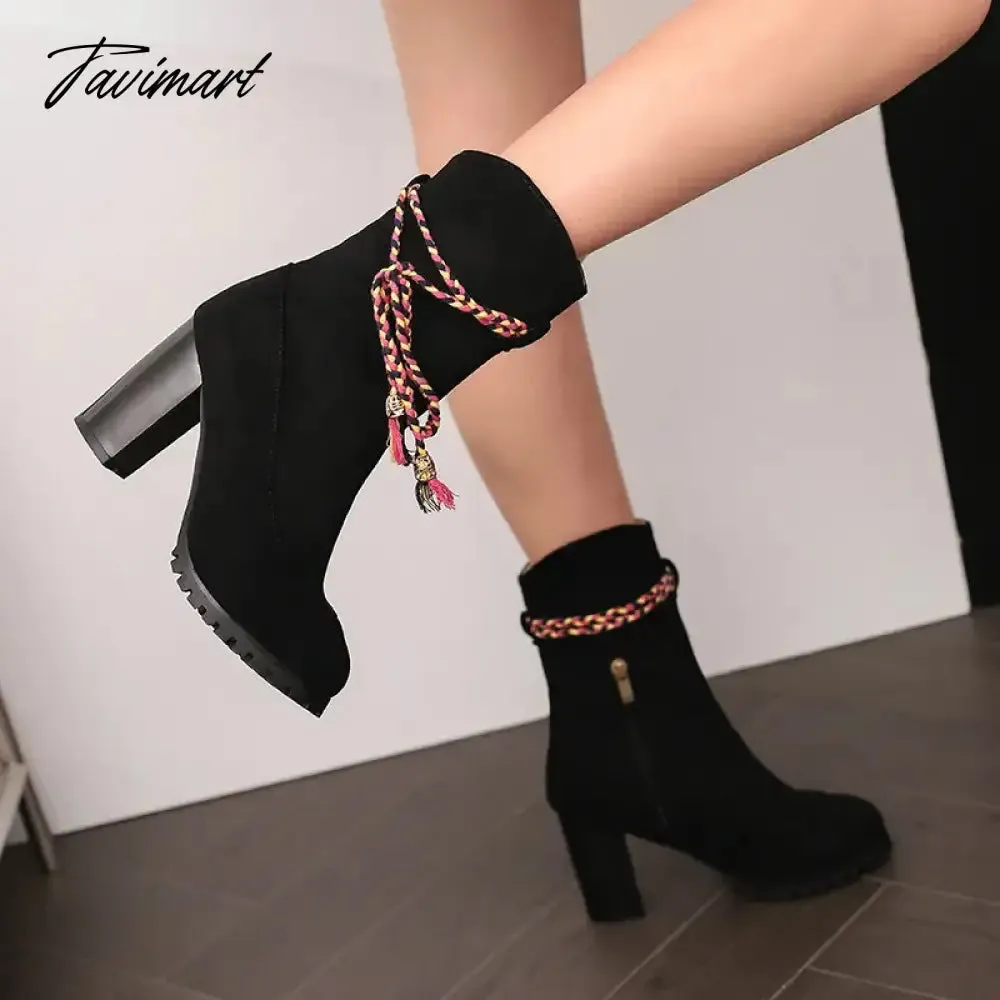 Tavimart Bohemian Texas Women Shoes Block High Heels Winter Ankle Chelsea Boots With Colorful Cross-tied Fringes Plus Size 48 49 50 14