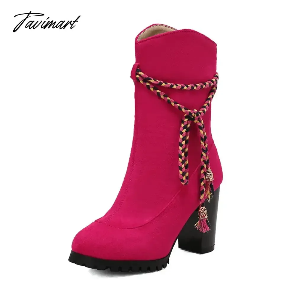 Tavimart Bohemian Texas Women Shoes Block High Heels Winter Ankle Chelsea Boots With Colorful Cross-tied Fringes Plus Size 48 49 50 14