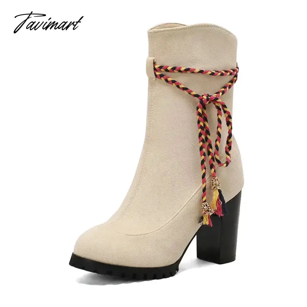 Tavimart Bohemian Texas Women Shoes Block High Heels Winter Ankle Chelsea Boots With Colorful Cross-tied Fringes Plus Size 48 49 50 14