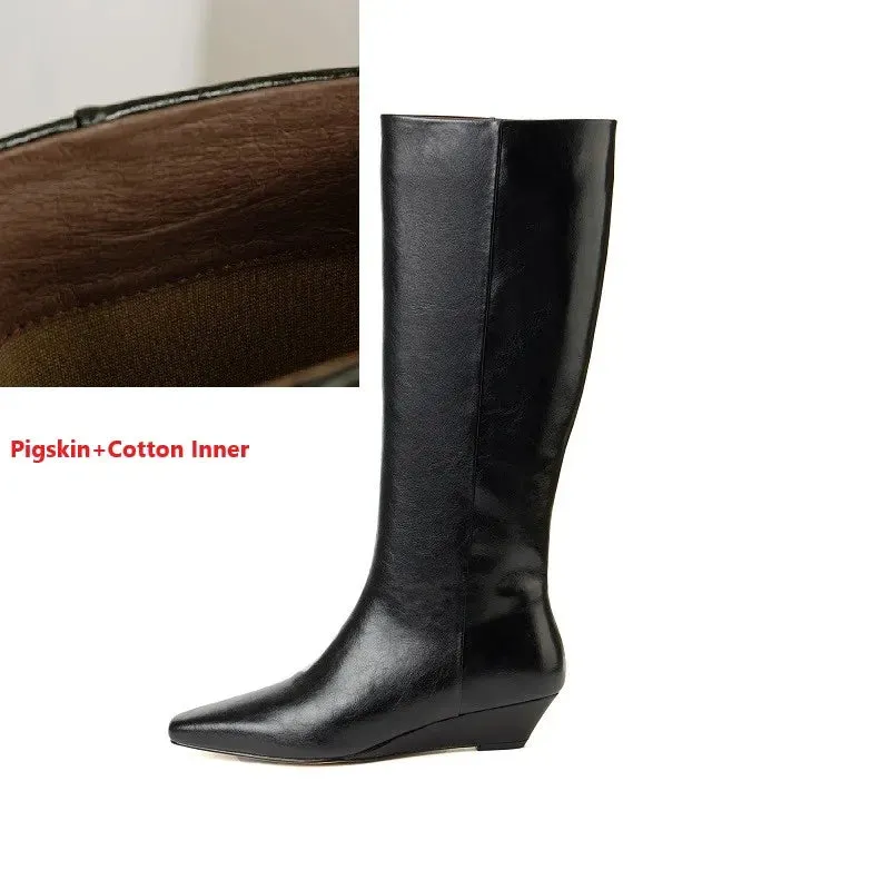 TAVIMART  -  High Boots Ladies Slip On European Style Designer Shoes Wedge Heel Winter Mid Calf Boots Large Girth Spring Autumn Woman Boots