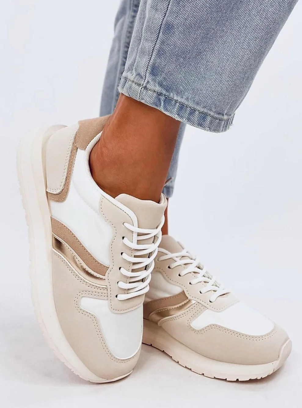 TEEK - White Beige Gold Laced Sneakers