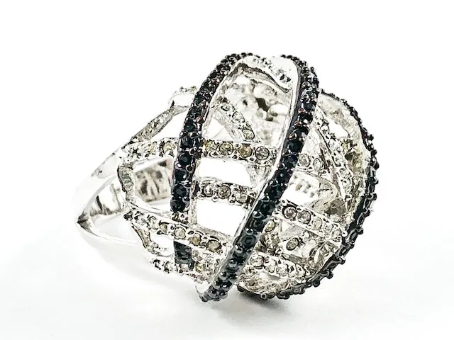 Unique Open Round Dome Criss Cross Black & Clear CZ Lines Design Brass Ring