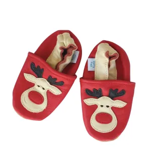 Unisex Soft Leather Elasticised Pram Shoes - Christmas Reindeer